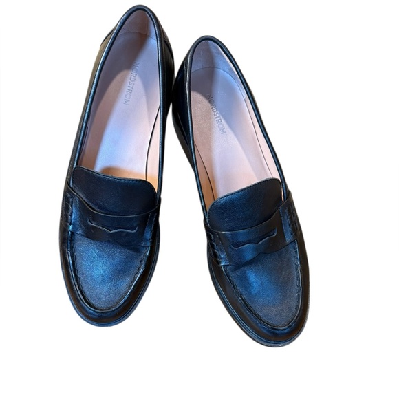 Nordstrom Black Leather Loafers Size 9M 1.25" Heel Classic Dark Academia - Picture 4 of 13